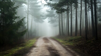 Obraz premium Foggy forest road surrounded by pine trees, eerie and atmospheric