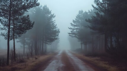 Obraz premium Foggy forest road surrounded by pine trees, eerie and atmospheric