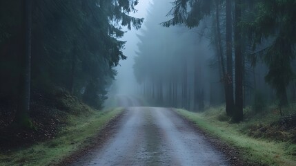Fototapeta premium Foggy forest road surrounded by pine trees, eerie and atmospheric