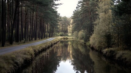 Obraz premium Road alongside a pine forest river, reflection of trees in the water