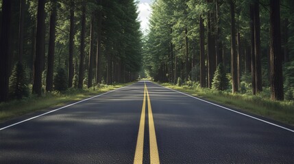 Fototapeta premium Road with pine forest on one side and open field on the other, contrast and balance