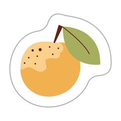 Sticker with an orange. Color flat vector illustration.