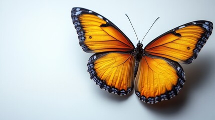 Obraz premium Yellow butterfly in flight, white backdrop