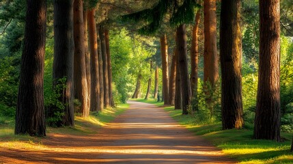 Fototapeta premium Pathway through pine forest park, inviting and serene for a stroll