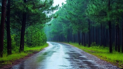 Obraz premium Quiet road after rain in pine forest, fresh and rejuvenating