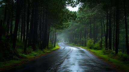 Fototapeta premium Quiet road after rain in pine forest, fresh and rejuvenating