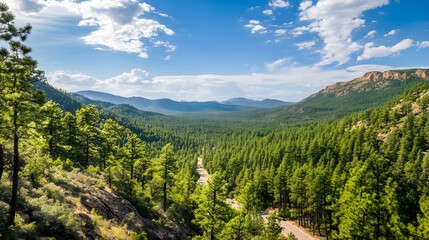 Fototapeta premium Scenic overlook with a road winding through pine forest below, panoramic beauty