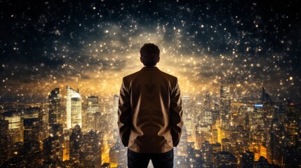 Fototapeta premium Man enjoying the distant view of the illuminated cityscape at night, depicted from behind