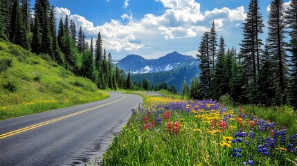 Road with pine trees and wildflowers on the side, colorful and vibrant