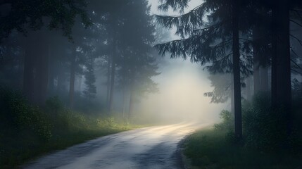 Road through foggy pine forest, headlights piercing the mist, mysterious and ethereal