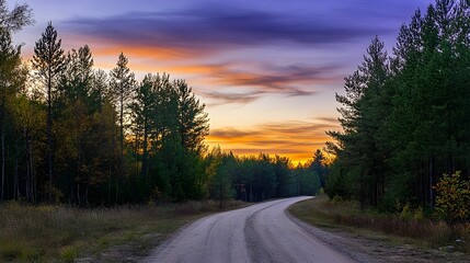 Fototapeta premium Pine forest road at twilight, sky painted with colors of the setting sun