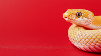 Fototapeta premium Cute little snake sitting on red background on right side. Chinese New Year 2025