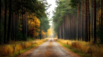 Forest road with fallen pine needles, autumn ambiance