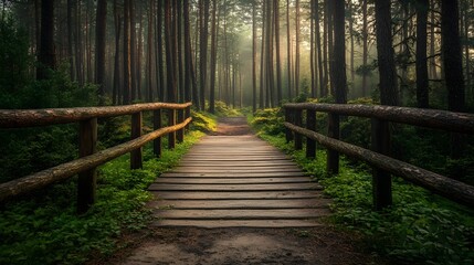 Fototapeta premium Path in a pine forest leading to a wooden bridge, enchanting and serene