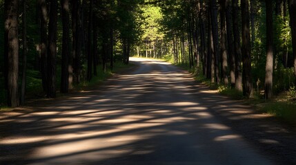 Obraz premium Road with shadows of tall pines creating a pattern, artistic and captivating
