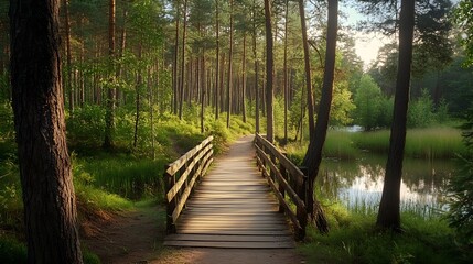 Fototapeta premium Path in a pine forest leading to a wooden bridge, enchanting and serene
