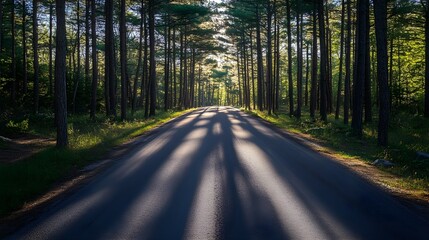 Fototapeta premium Road with shadows of tall pines creating a pattern, artistic and captivating