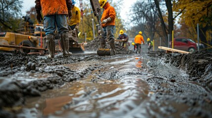 Workers pouring concrete in a city park on a rainy autumn day for pavement construction