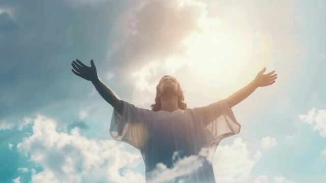 Love and faith and salvation concept of Jesus Christ reaching out with open arms in the sky and the resurrected Jesus Christ