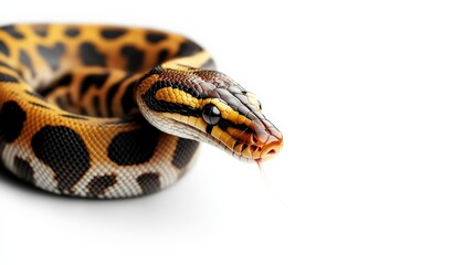 Obraz premium Close-up of a beautifully patterned python snake coiled gracefully on a white background, highlighting its vibrant scales and keen eyes.