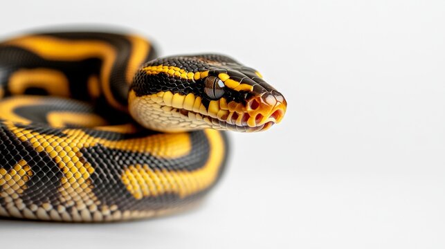Close-up of a beautiful yellow and black ball python snake against a white background, highlighting its detailed scales and piercing eyes.