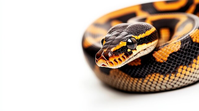 Close-up of a colorful ball python snake coiled on a white background, showcasing its vibrant scales and detailed patterns.