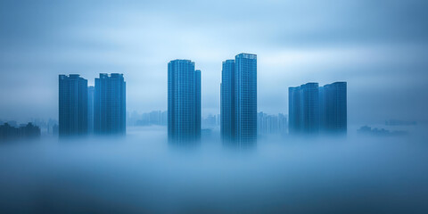 Obraz premium A modern city with skyscrapers surrounded by gloom and fog. Ominous metropolis, air pollution