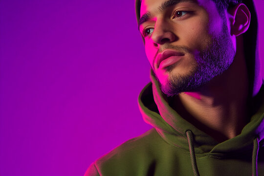 Trendsetting Olive Green Hoodie with Solid Neon Purple High Energy Mens Fashion Lifestyle Portrait Background