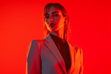 Modern Light Gray Suit with Solid Neon Red Stylish Womans Fashion Lifestyle Portrait Background