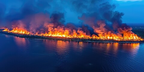 Fototapeta premium Massive wildfire engulfing forest along a riverbank during dusk