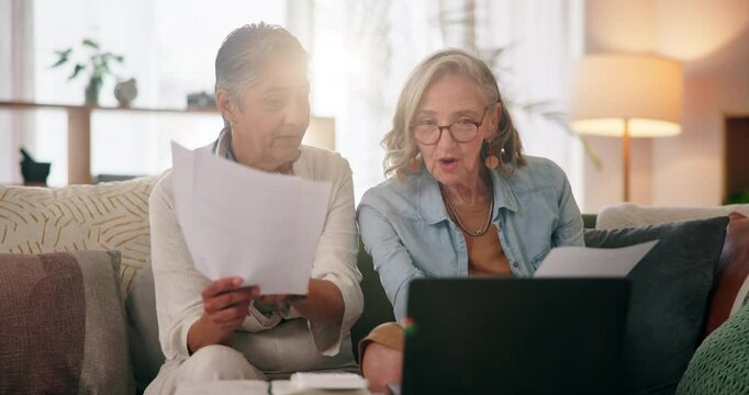 Senior couple, lesbian and paperwork for planning in home, laptop and online asset management. Old people, talk and documents for banking transaction, finance and power of attorney form in retirement
