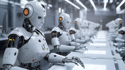 Fototapeta premium Smart factory with robotic workers, representing automated manufacturing.
