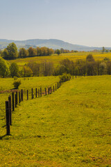 Tranquil Spring Meadow with Rolling Hills and Fence Line Under a Clear Sky