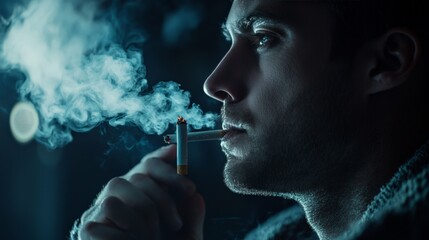 Obraz premium Man with a smoking habit, dealing with lifestyle-related health problems, dark atmosphere