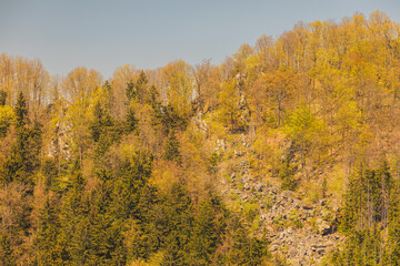 beautiful landscape of Walbrzych mountains seen from new viewing platform on top of Gomolnik Maly mountain at sunny day