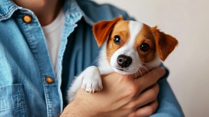 Close-up of a person holding an adorable puppy with brown and white fur, creating a heartwarming moment of affection and companionship.
