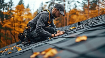 A roofer carefully installing shingles on a steep roof surrounded by autumn foliage