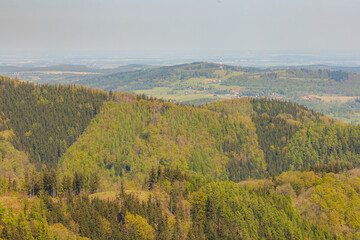 beautiful landscape of Walbrzych mountains seen from new viewing platform on top of Gomolnik Maly mountain at sunny day