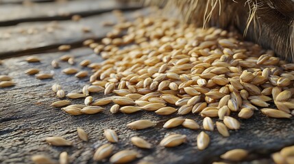 Fototapeta premium Organic wheat grains, scattered on rustic surface, 3D illustration