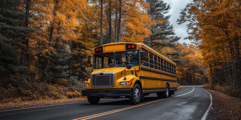 Obraz premium Yellow school bus travels along a winding road through autumn woods in the early morning light
