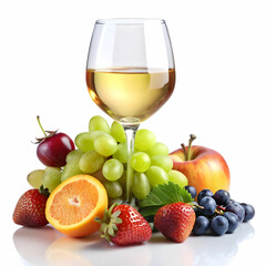 a glass of white wine with fruits aside- on a white