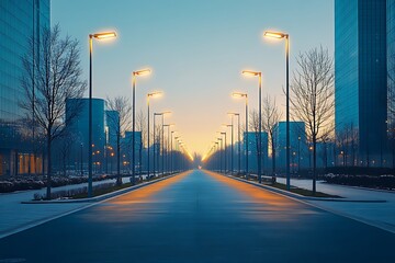 A futuristic city boulevard illuminated by solar-powered streetlights at dusk.