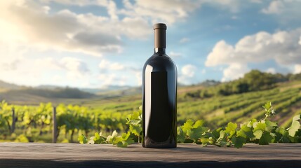 Fototapeta premium Organic wine bottle, with vineyard background, 3D illustration