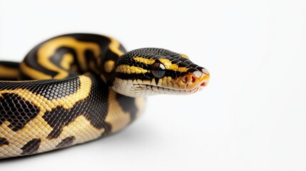 Fototapeta premium Close-up of a vibrant and colorful snake in studio lighting against a white background, showcasing detailed patterns and textures.