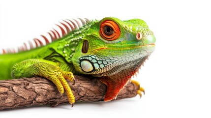 Fototapeta premium Close-up of a vibrant green iguana resting on a branch against a white background, showcasing its colorful scales and detailed features.