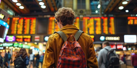 Fototapeta premium A traveler observes departure screens in a busy train station filled with passengers at dusk