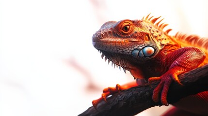 Obraz premium Close-up of a vibrant orange iguana perched on a branch with a white background, showcasing detailed texture and colors.