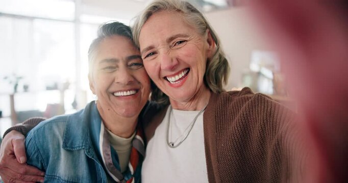 Face, happy lesbian couple and selfie in home for love, hug and laughing together. Portrait, smile and picture of gay women with mature partner for relationship, memory and pov on video call or vlog