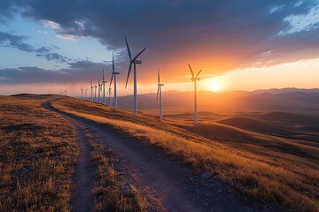 Obraz premium Wind turbines stand tall on a hilltop at sunset, generating clean energy.