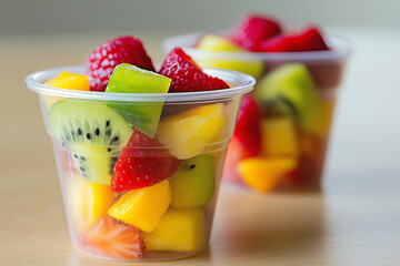 Fresh fruit salad in a plastic cup, healthy snack with strawberries, kiwi, mango, and raspberries, vibrant colors, refreshing and nutritious food photography, summer treat, and healthy eating